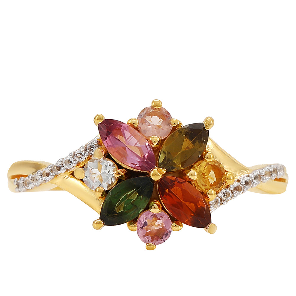 Anel de Prata com Banho de Ouro com Turmalina Arco-íris de Pelmadulla e Topázio Branco