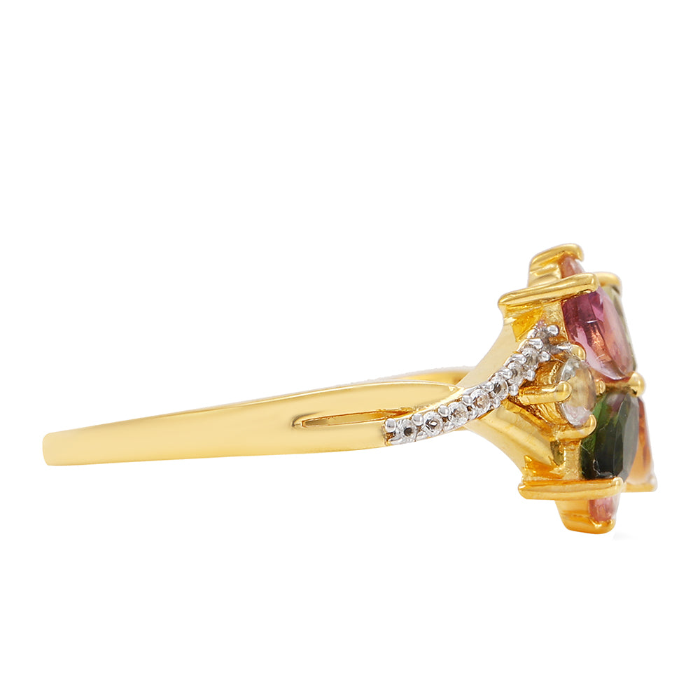 Anel de Prata com Banho de Ouro com Turmalina Arco-íris de Pelmadulla e Topázio Branco 2 