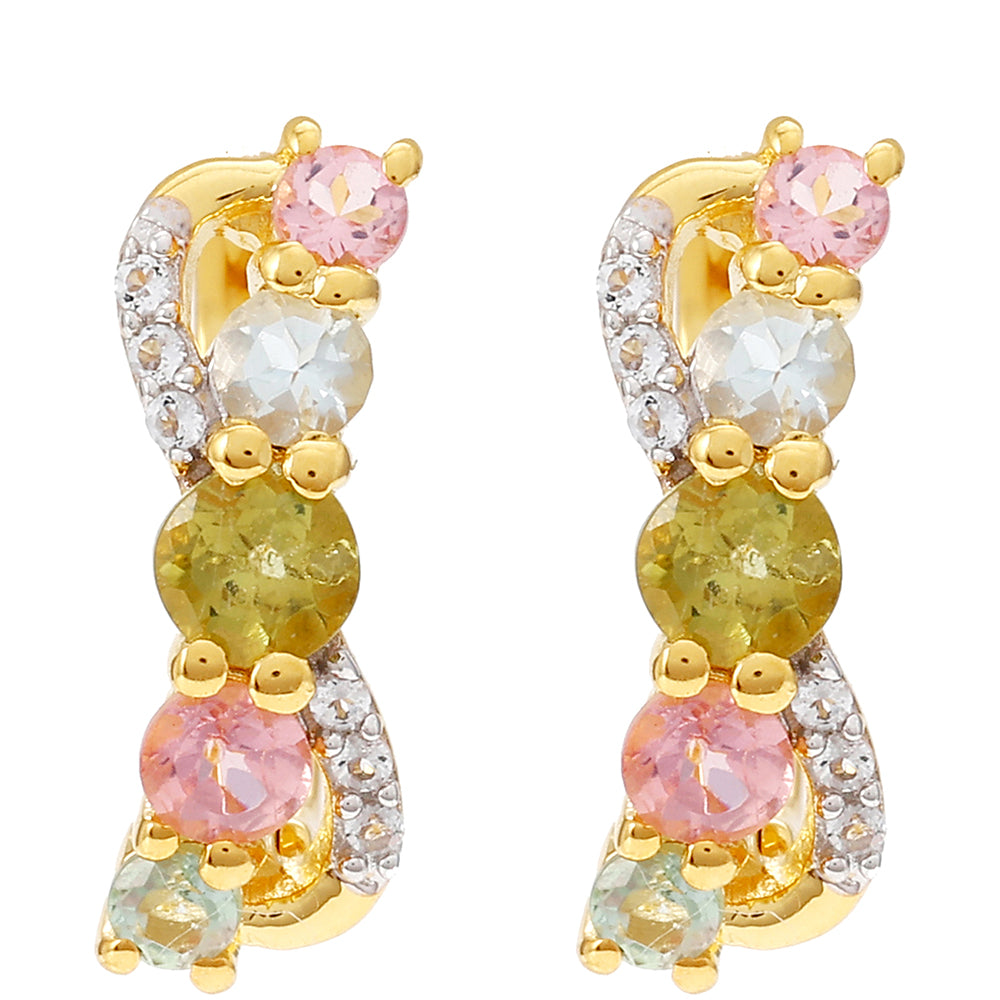 Brincos de Prata com Banho de Ouro com Turmalina Arco-íris de Pelmadulla e Topázio Branco 1 