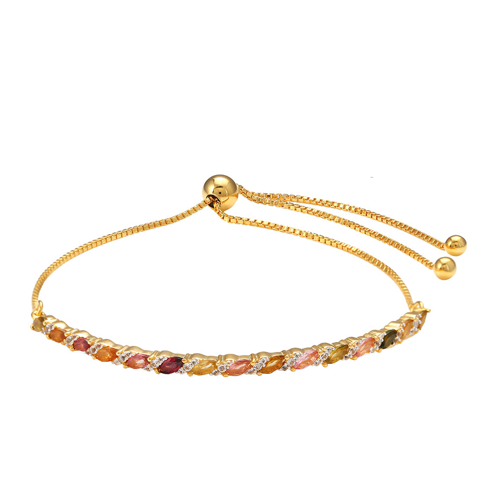 Pulseira de Prata com Banho de Ouro com Turmalina Arco-íris de Pelmadulla e Topázio Branco  Contraste: Cabeca de Veado (800)