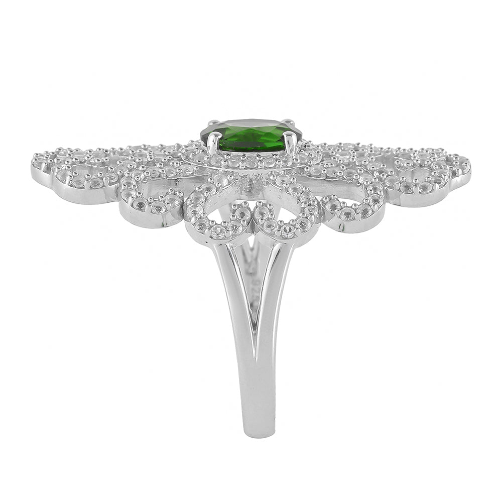 Anel de Prata com Diópsido Crómio e Topázio Branco  Contraste: Cabeca de Veado (800)