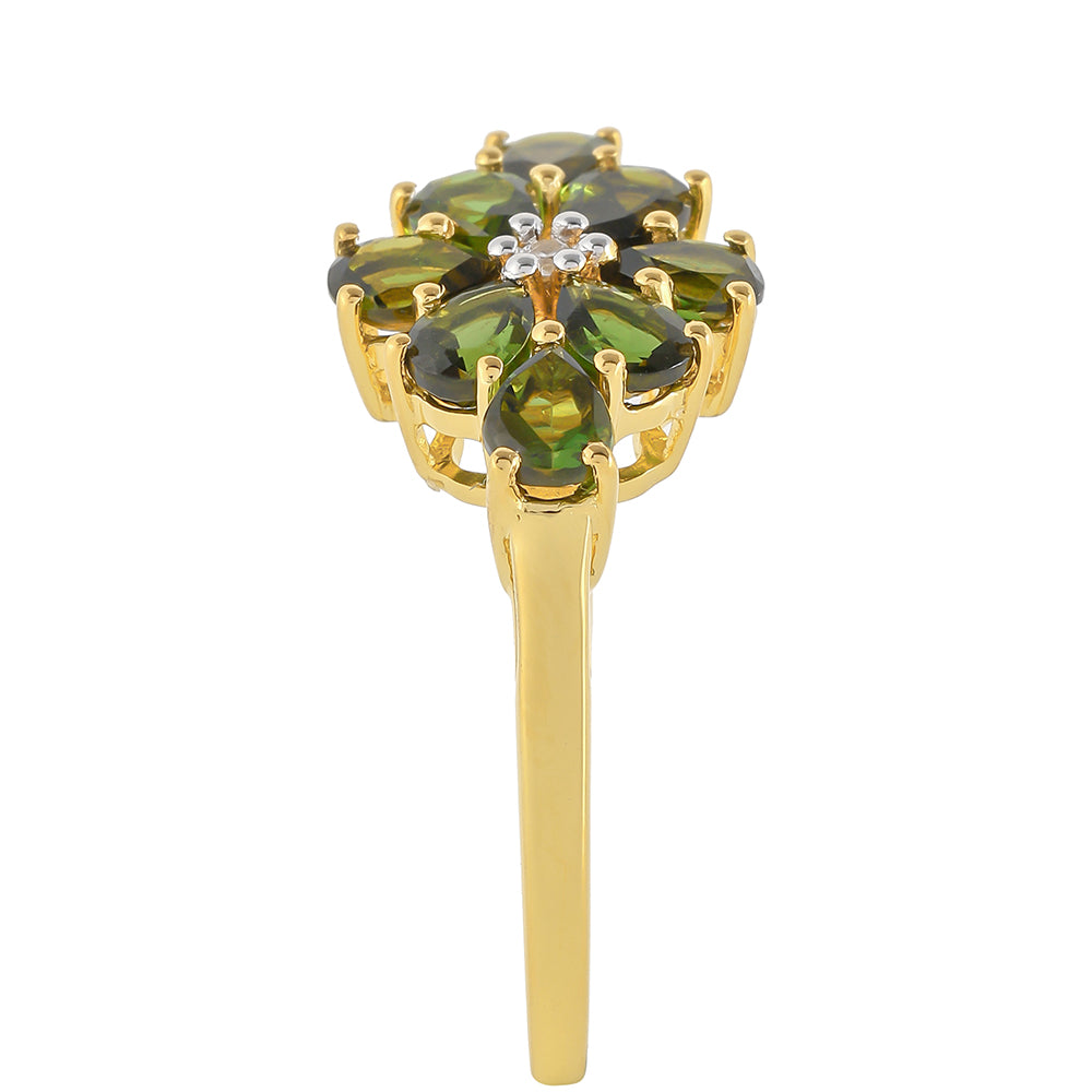 Anel de Prata com Banho de Ouro com Turmalina Verde e Zircão Natural