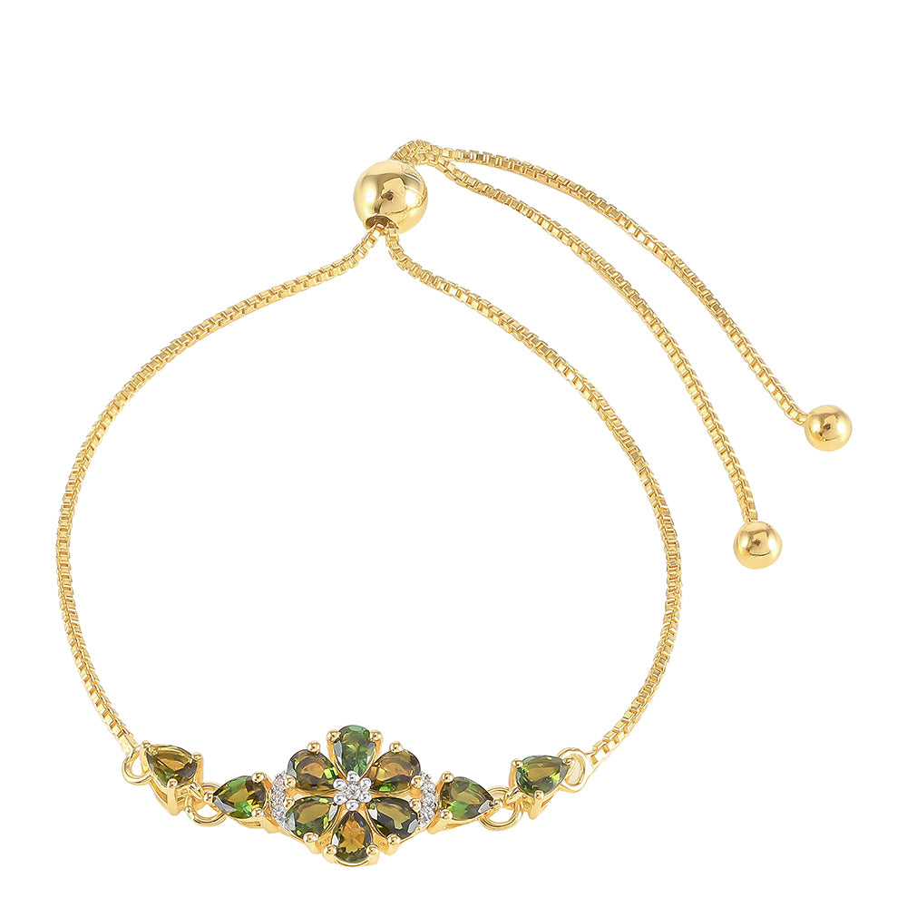 Pulseira de Prata com Banho de Ouro com Turmalina Verde e Zircão Natural  Contraste: Cabeca de Veado (800)