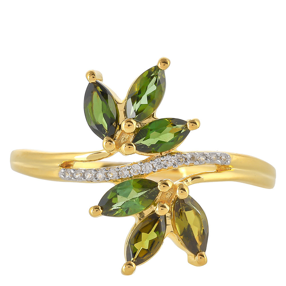 Anel de Prata com Banho de Ouro com Turmalina Verde e Zircão Natural