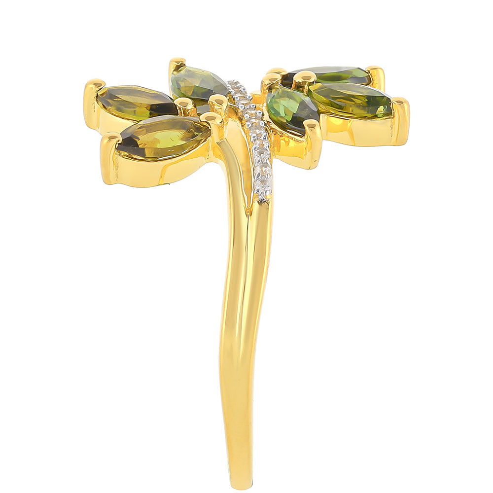 Anel de Prata com Banho de Ouro com Turmalina Verde e Zircão Natural 3 