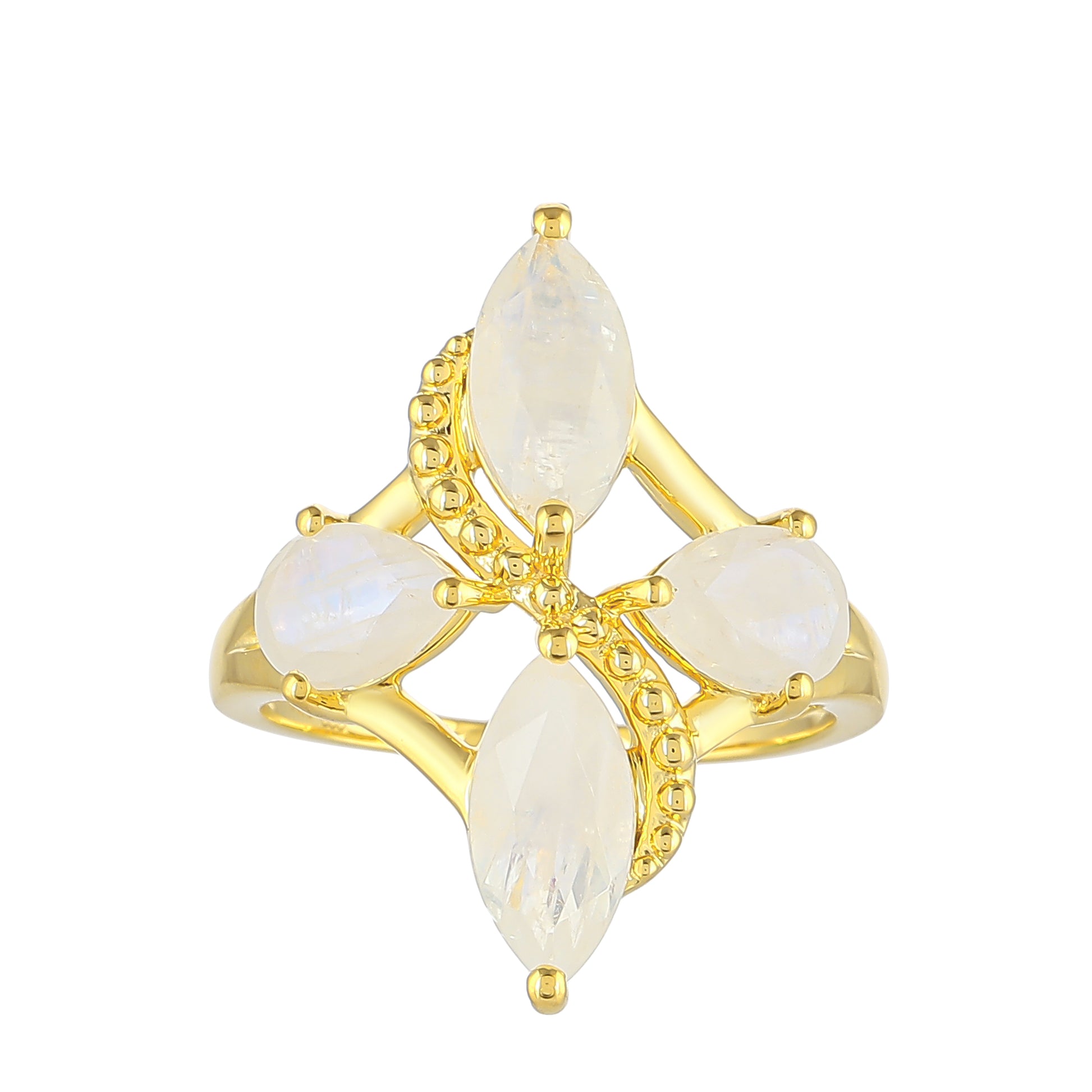 Anel de Prata com Banho de Ouro com Pedra da Lua Arco-íris  Contraste: Cabeca de Veado (800) 1 