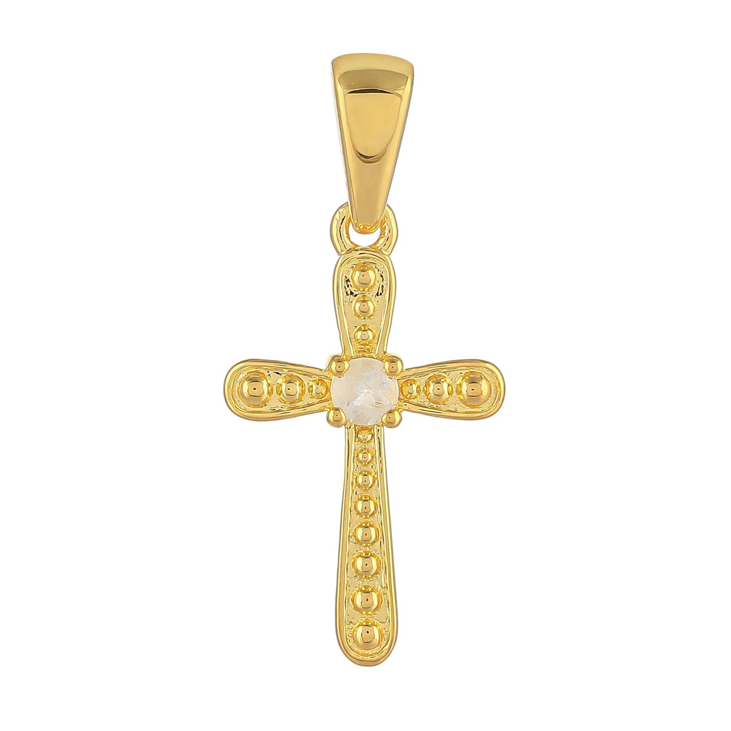 Cruz Pendente de Prata com Banho de Ouro com Pedra da Lua Arco-íris