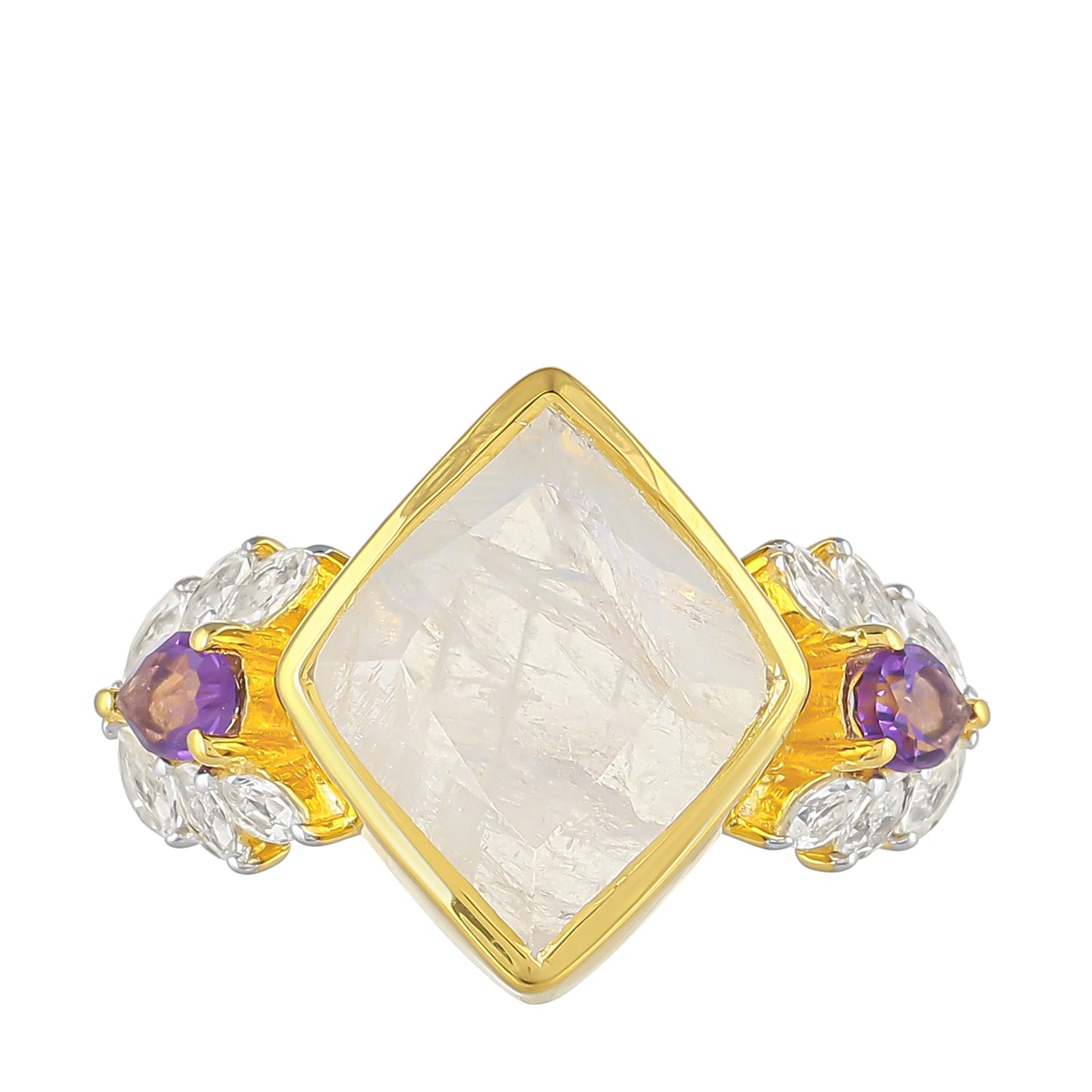 Anel de Prata com Banho de Ouro com Pedra da Lua Arco-íris e Ametista do Brasil  Contraste: Cabeca de Veado (800)