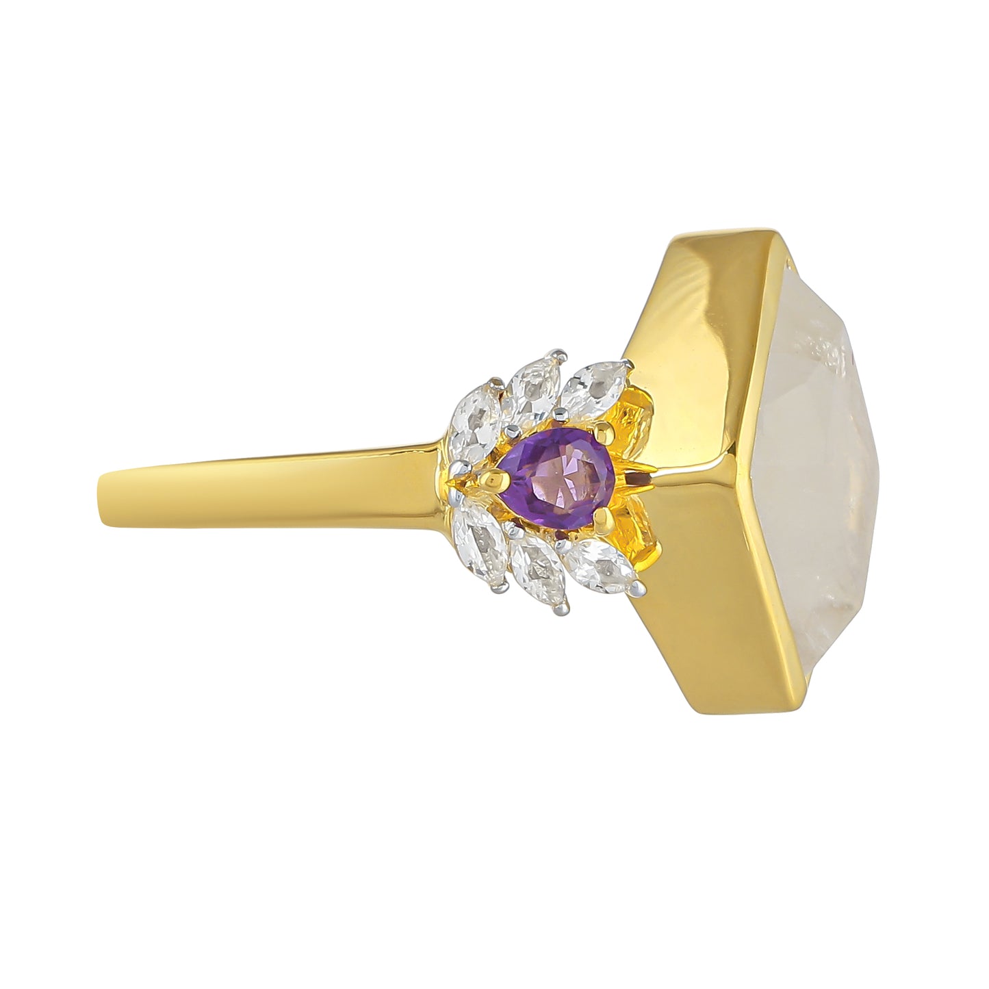 Anel de Prata com Banho de Ouro com Pedra da Lua Arco-íris e Ametista do Brasil  Contraste: Cabeca de Veado (800)