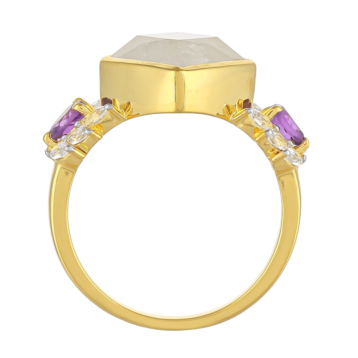 Anel de Prata com Banho de Ouro com Pedra da Lua Arco-íris e Ametista do Brasil  Contraste: Cabeca de Veado (800)