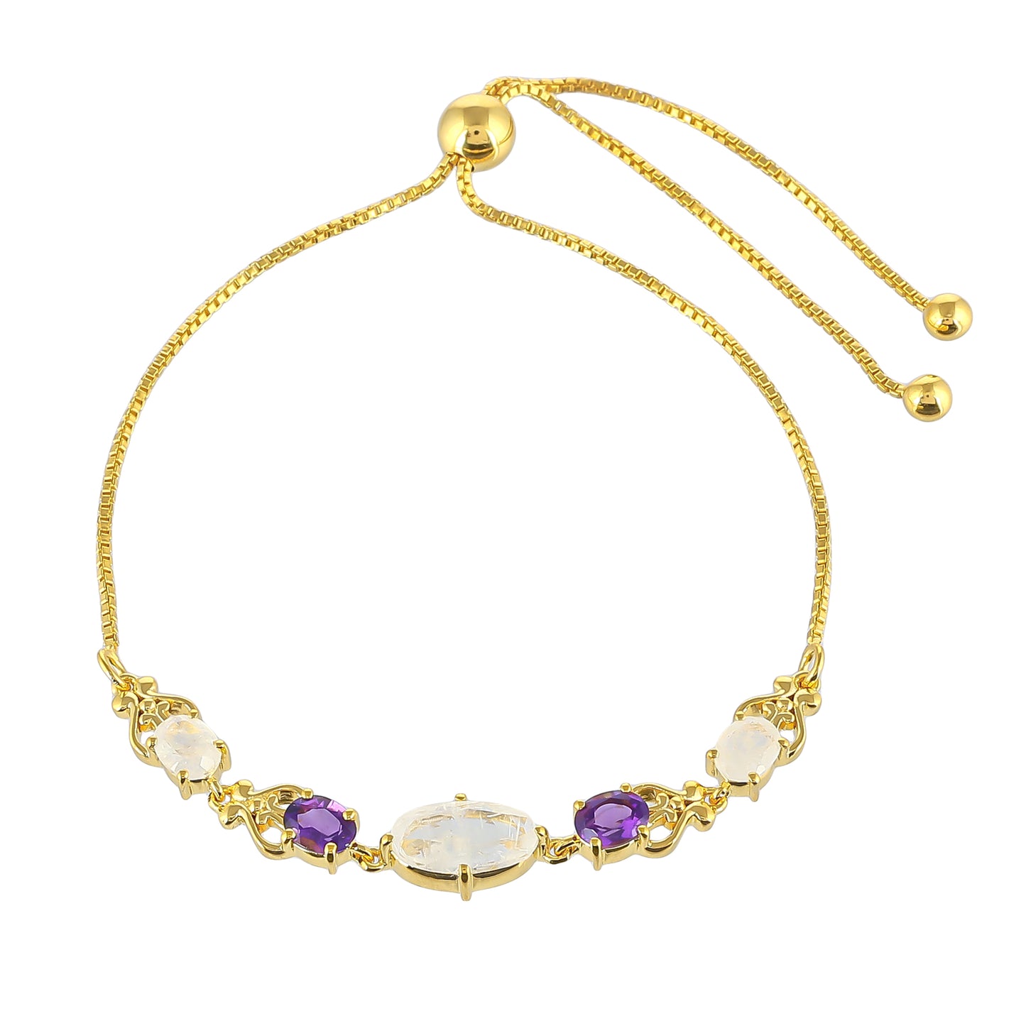 Pulseira de Prata com Banho de Ouro com Pedra da Lua Arco-íris e Ametista do Brasil  Contraste: Cabeca de Veado (800)