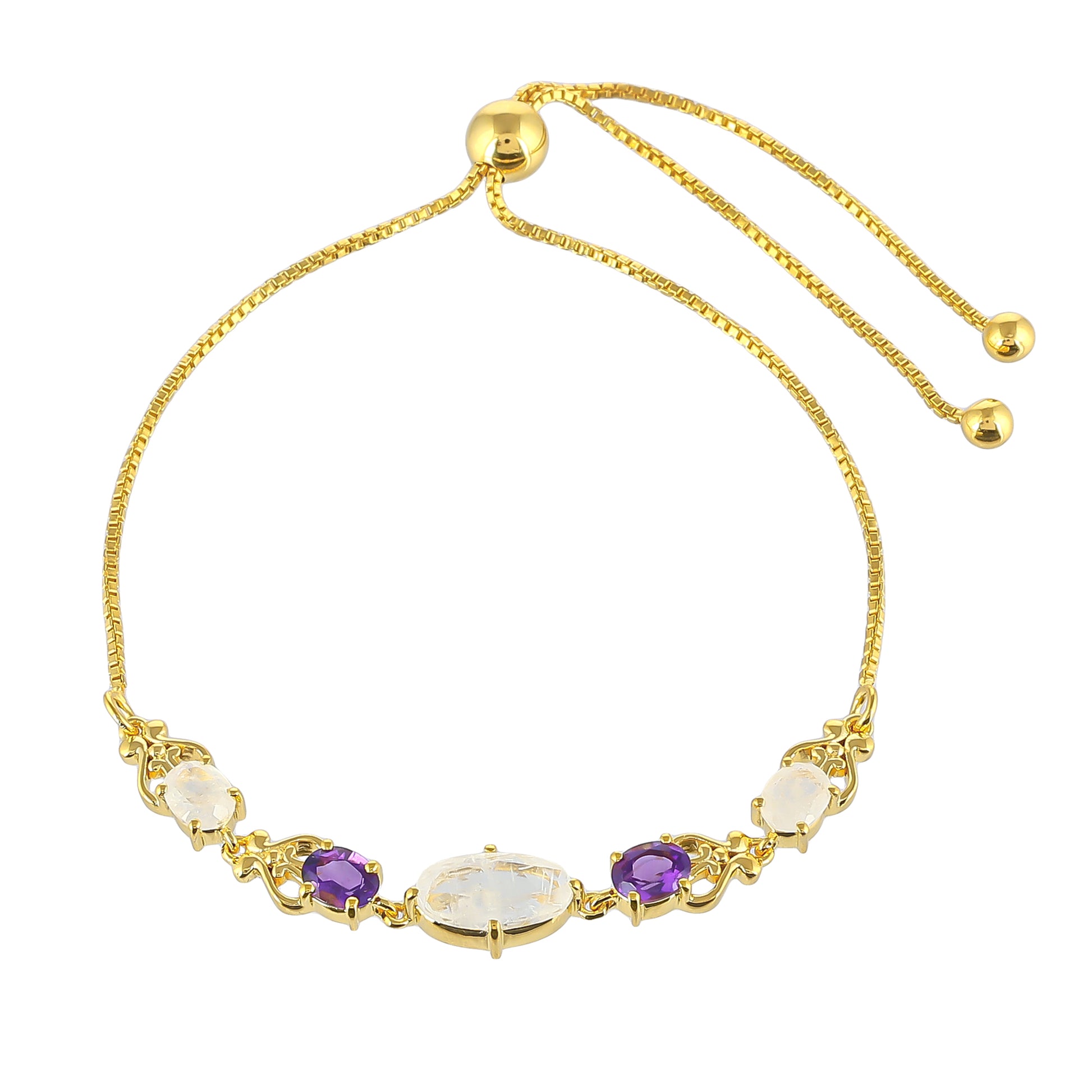 Pulseira de Prata com Banho de Ouro com Pedra da Lua Arco-íris e Ametista do Brasil  Contraste: Cabeca de Veado (800) 1 