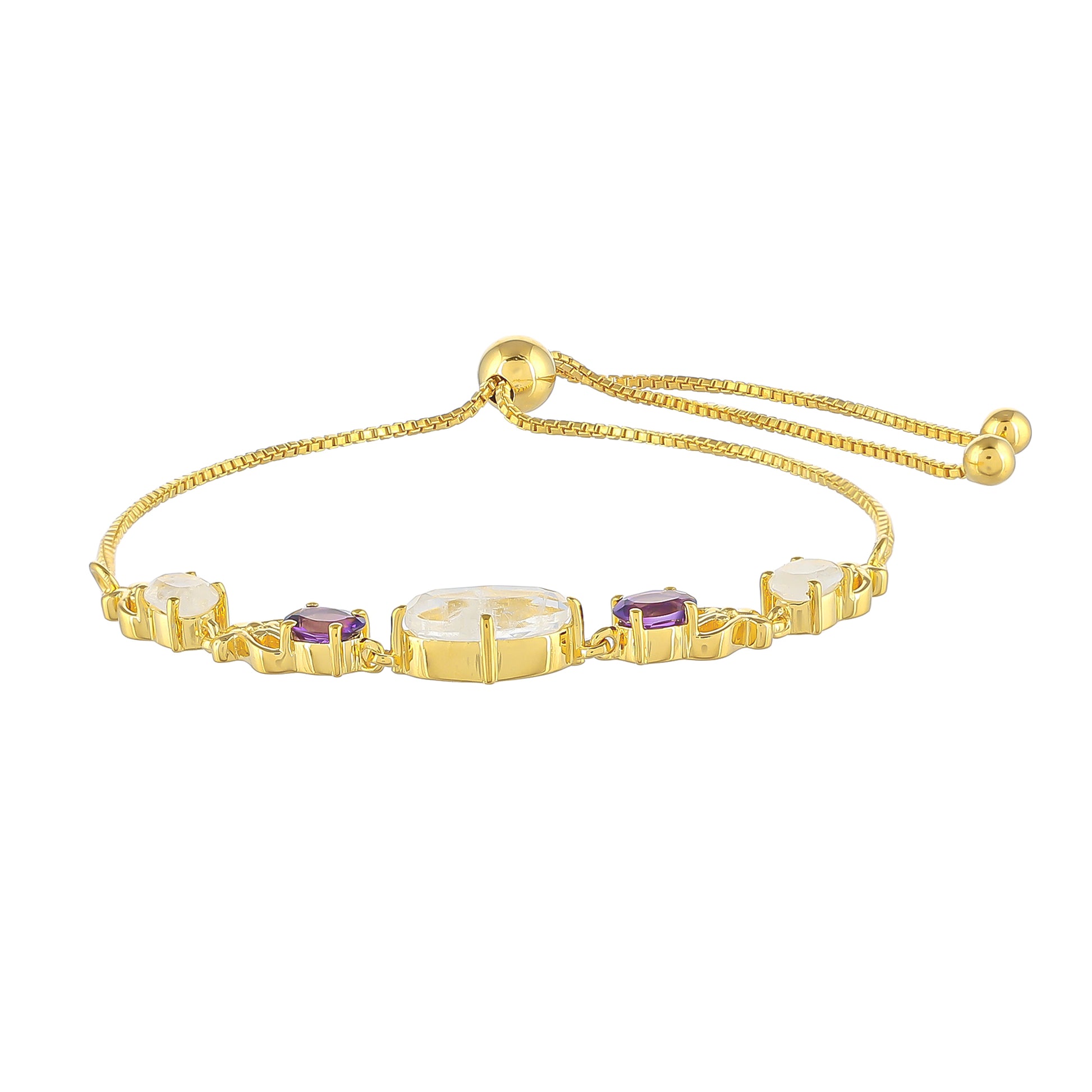 Pulseira de Prata com Banho de Ouro com Pedra da Lua Arco-íris e Ametista do Brasil  Contraste: Cabeca de Veado (800) 2 