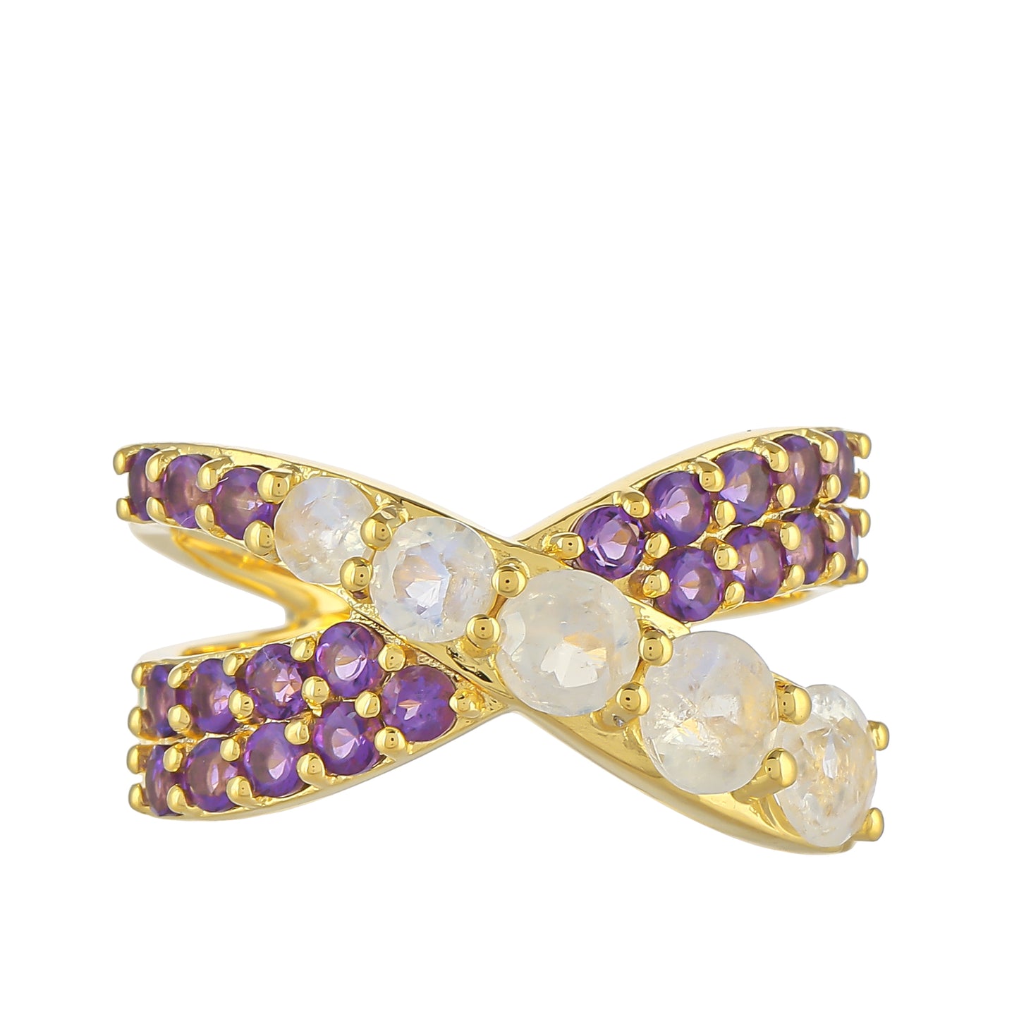 Anel de Prata com Banho de Ouro com Pedra da Lua Arco-íris e Ametista do Brasil  Contraste: Cabeca de Veado (800)