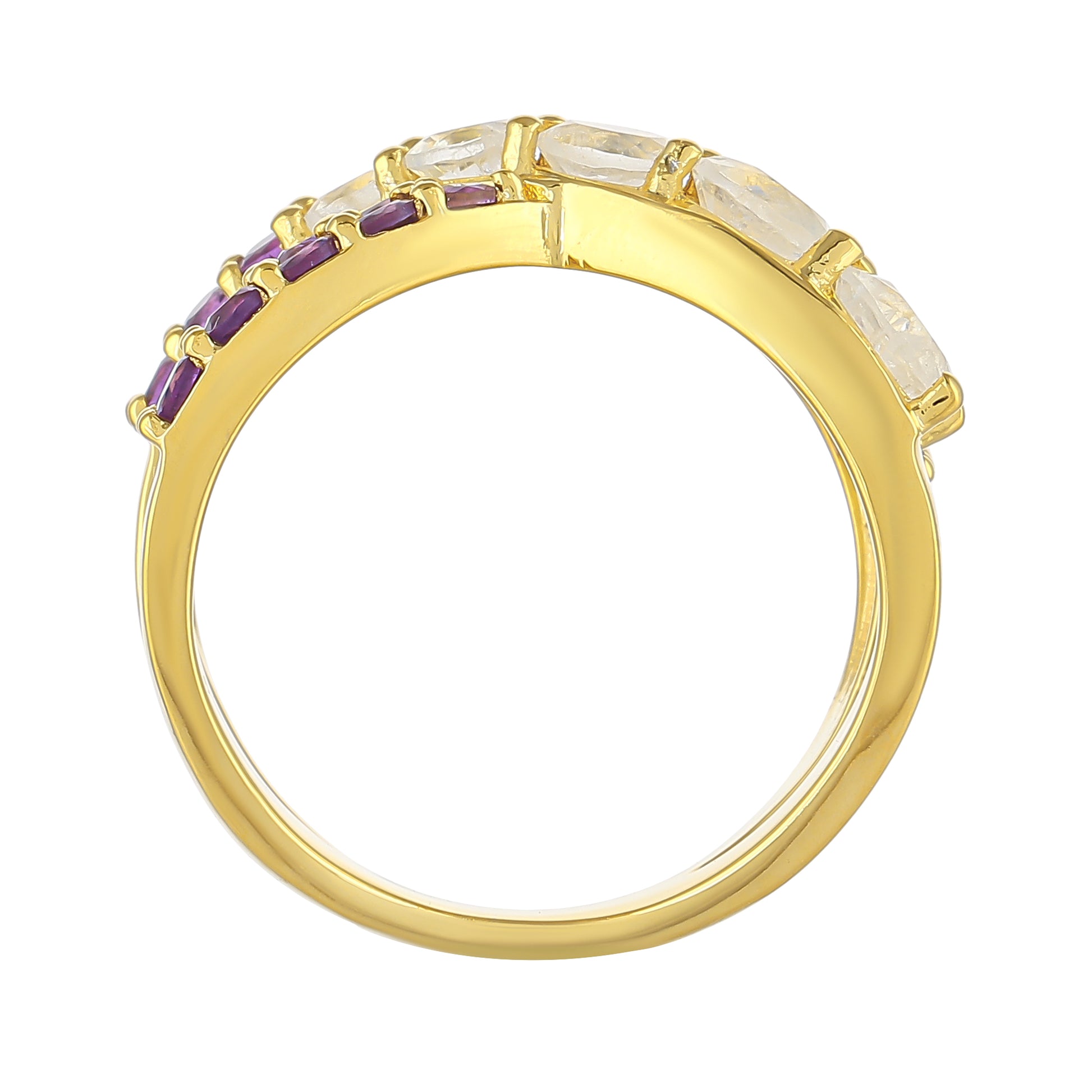 Anel de Prata com Banho de Ouro com Pedra da Lua Arco-íris e Ametista do Brasil  Contraste: Cabeca de Veado (800) 4 