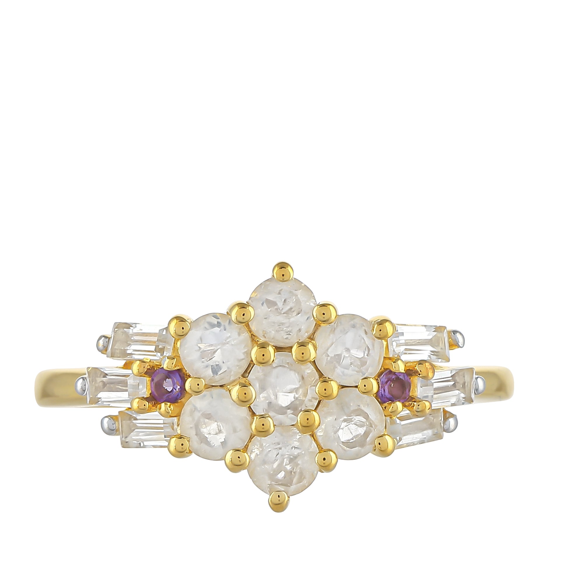 Anel de Prata com Banho de Ouro com Pedra da Lua Arco-íris e Ametista do Brasil 1 