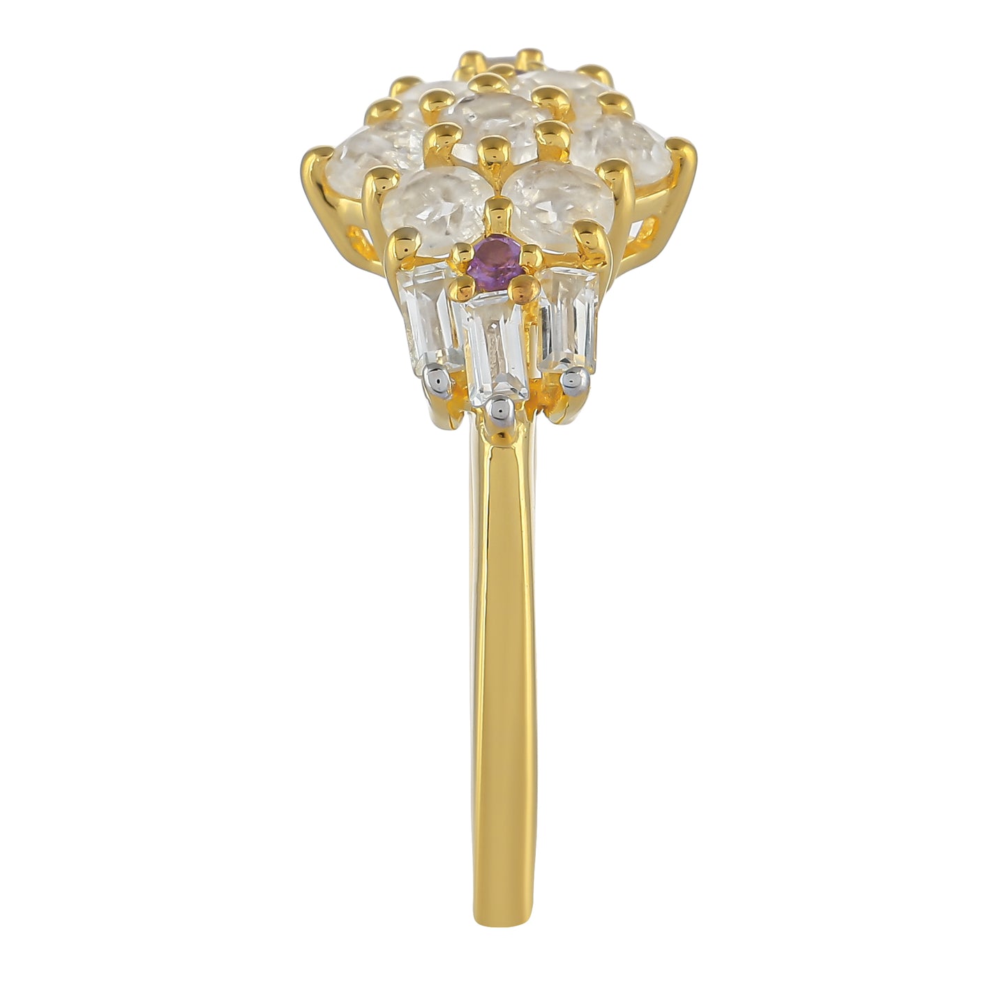 Anel de Prata com Banho de Ouro com Pedra da Lua Arco-íris e Ametista do Brasil