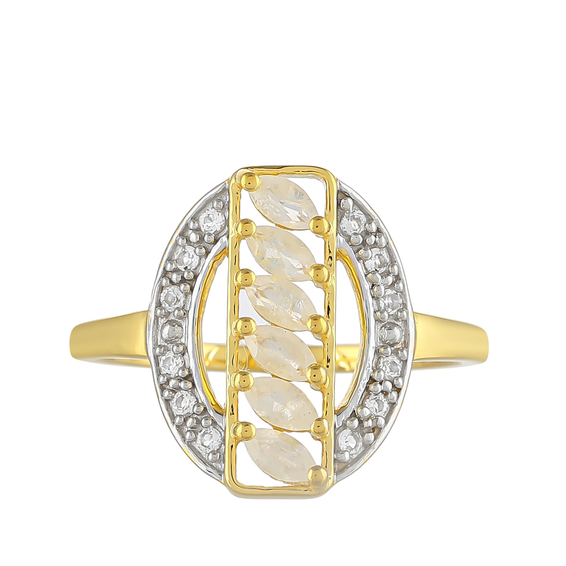 Anel de Prata com Banho de Ouro com Pedra da Lua Arco-íris e Topázio Branco 1 