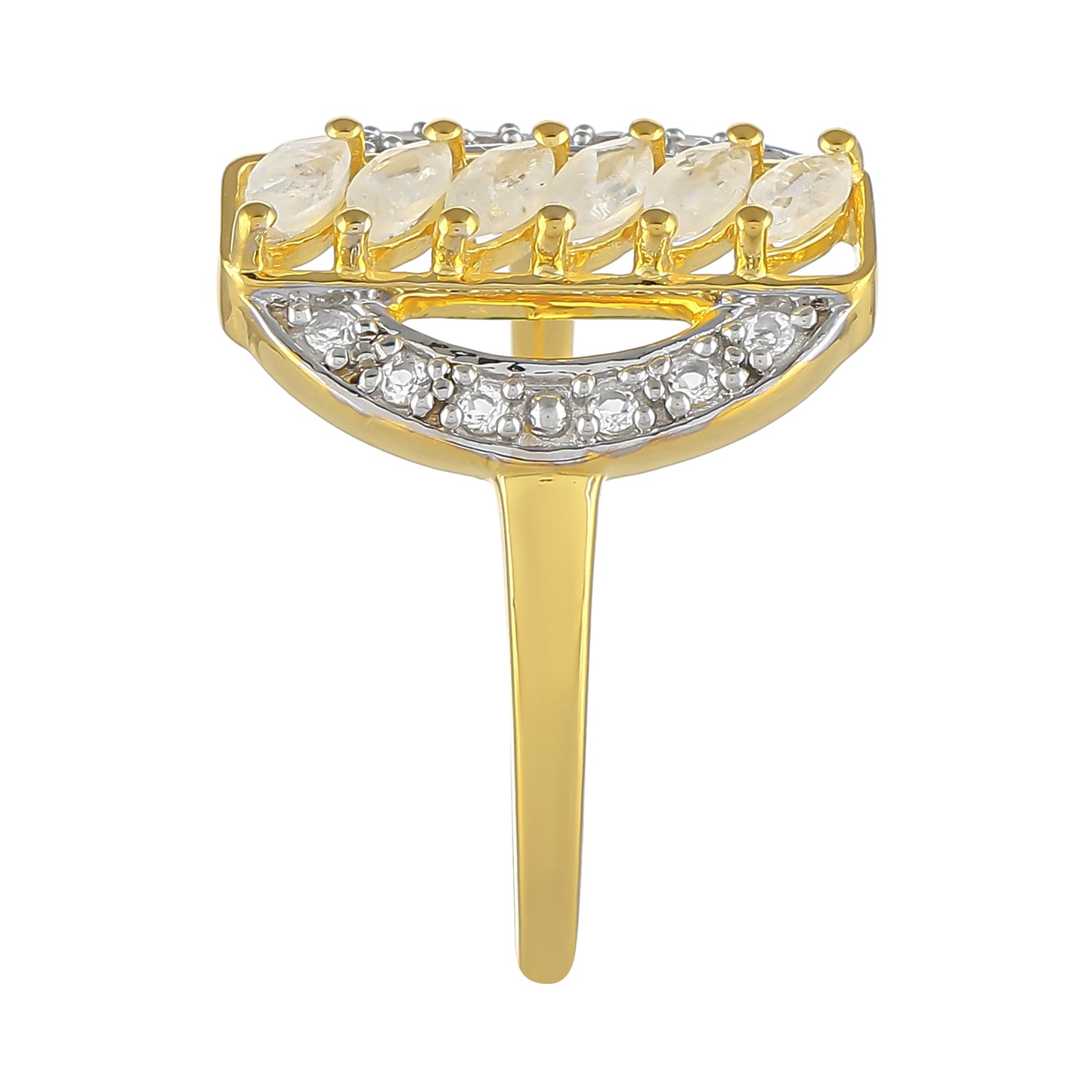 Anel de Prata com Banho de Ouro com Pedra da Lua Arco-íris e Topázio Branco