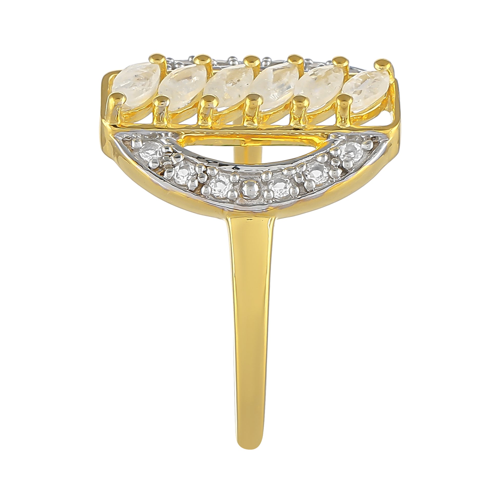 Anel de Prata com Banho de Ouro com Pedra da Lua Arco-íris e Topázio Branco 3 