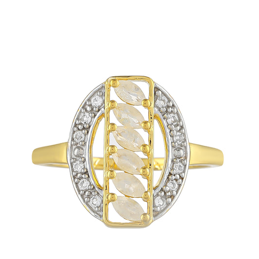 Anel de Prata com Banho de Ouro com Pedra da Lua Arco-íris e Topázio Branco