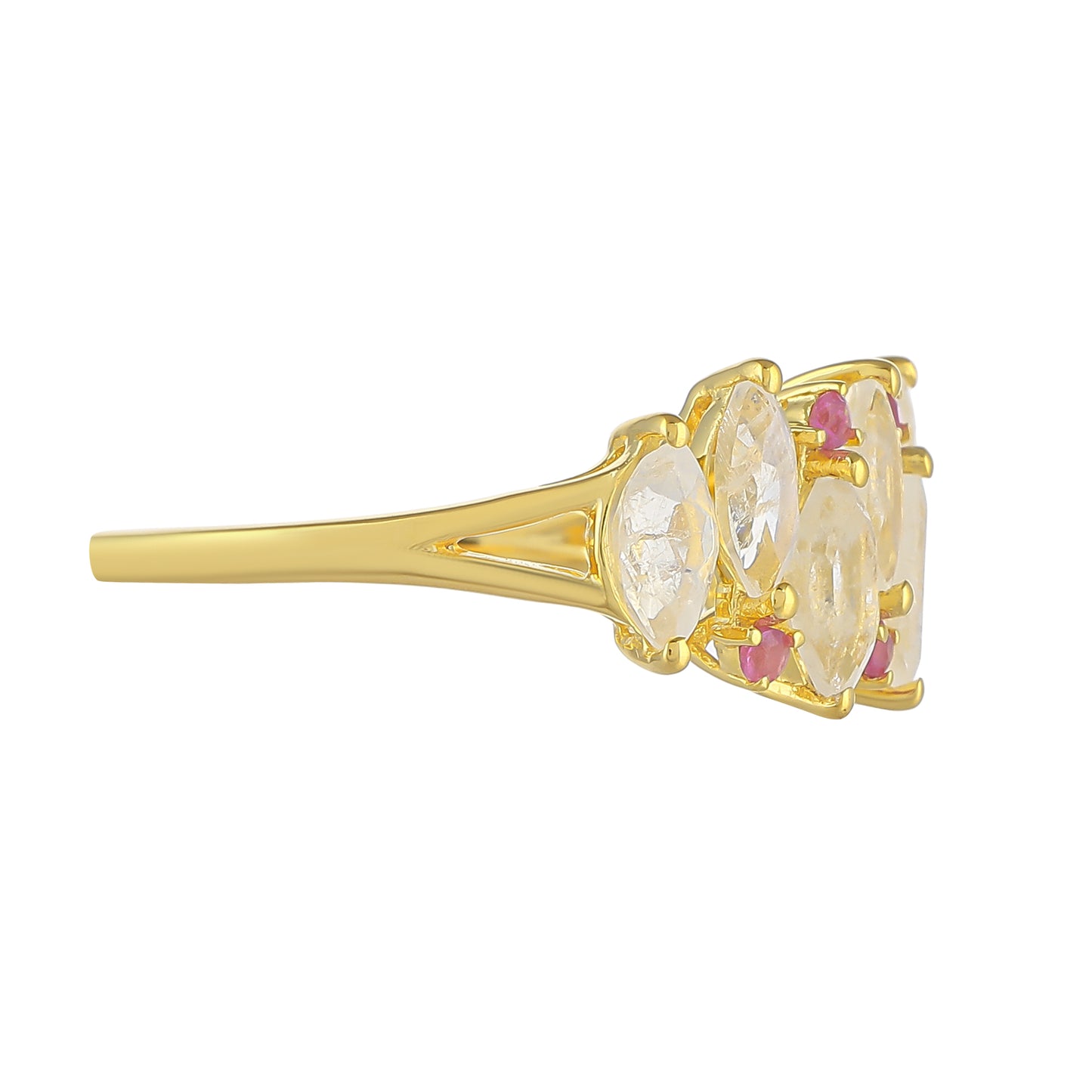 Anel de Prata com Banho de Ouro com Pedra da Lua Arco-íris e Rubi da Tailândia