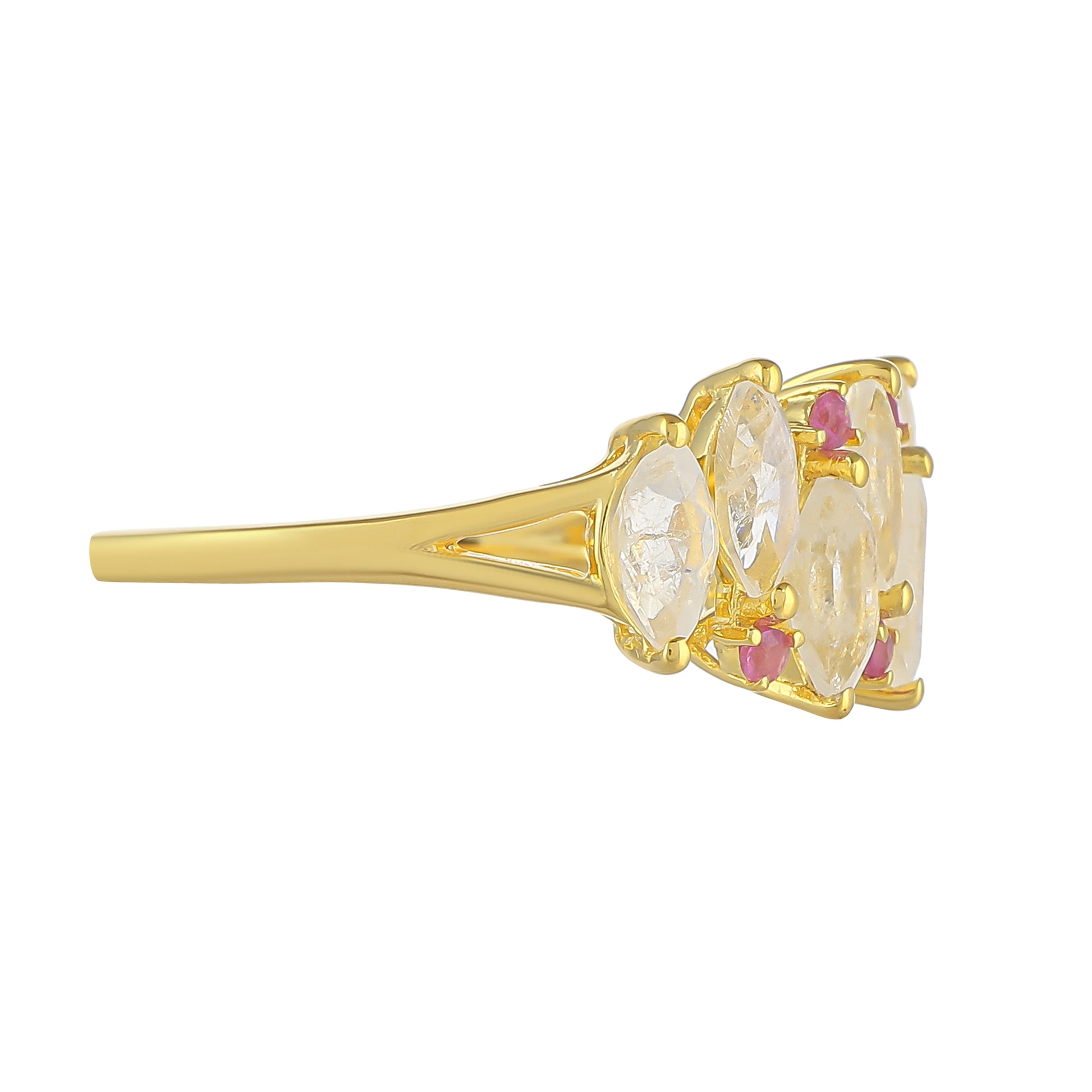 Anel de Prata com Banho de Ouro com Pedra da Lua Arco-íris e Rubi da Tailândia 2 