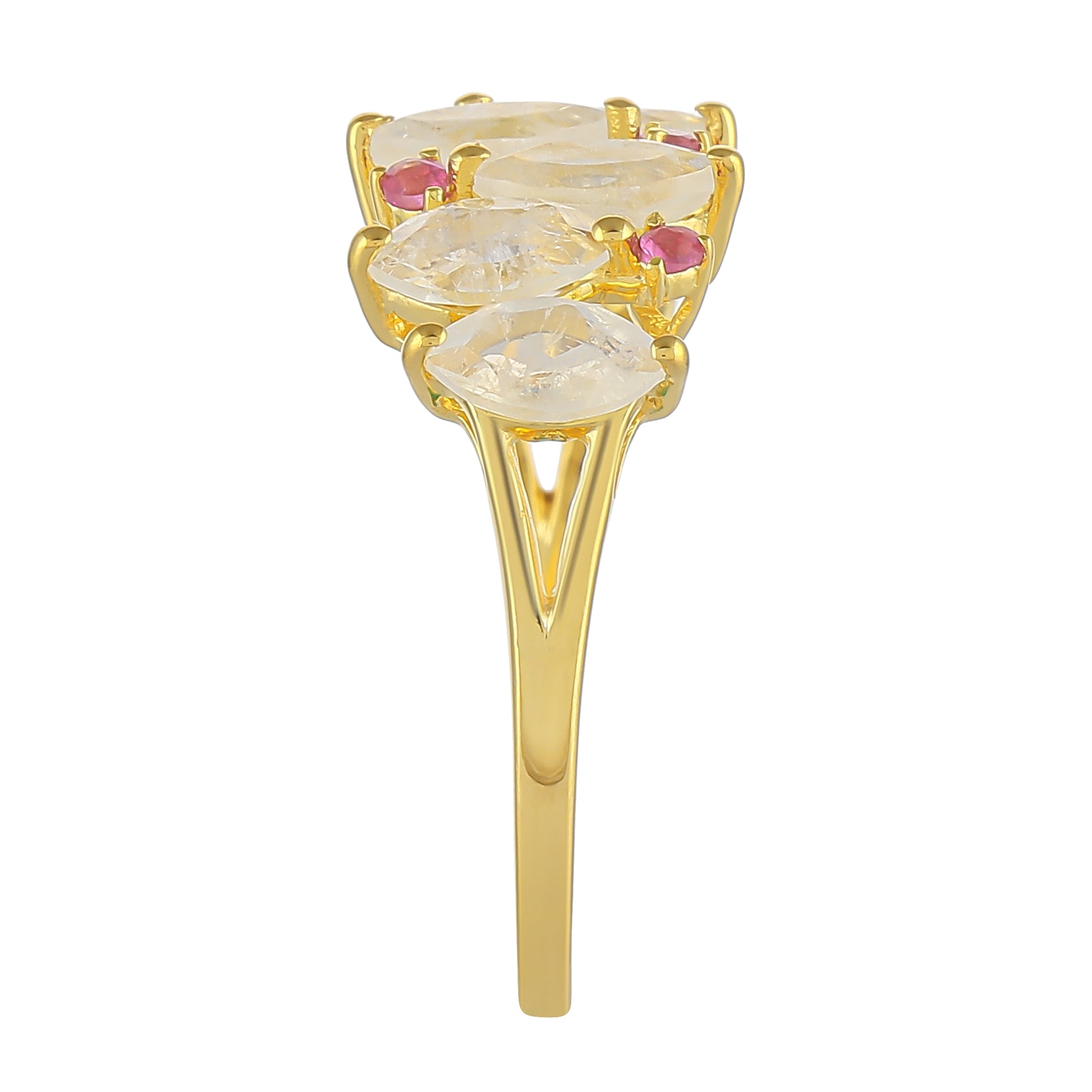 Anel de Prata com Banho de Ouro com Pedra da Lua Arco-íris e Rubi da Tailândia 3 