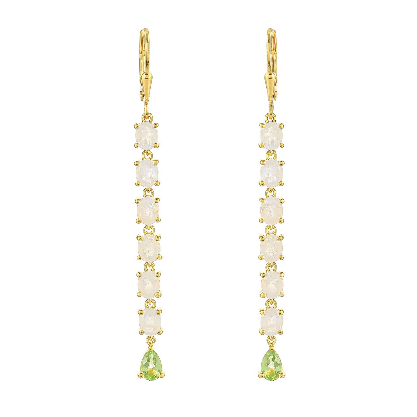 Brincos de Prata com Banho de Ouro com Pedra da Lua Arco-íris e Peridoto