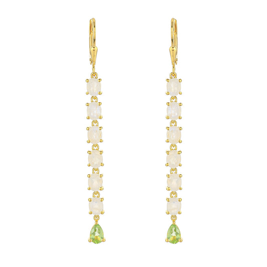 Brincos de Prata com Banho de Ouro com Pedra da Lua Arco-íris e Peridoto