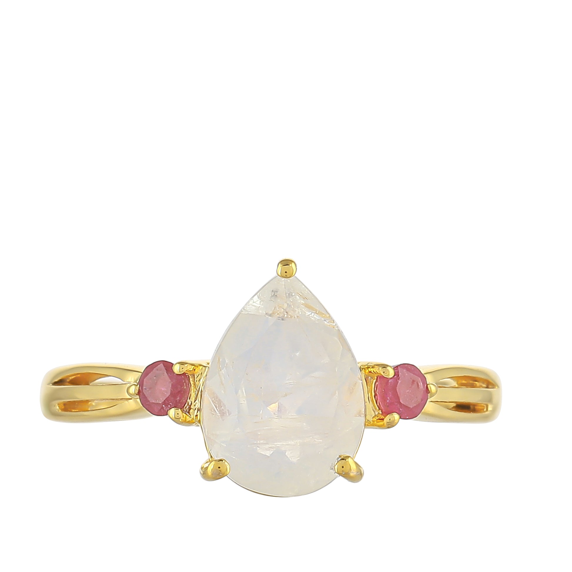 Anel de Prata com Banho de Ouro com Pedra da Lua Arco-íris e Rubi da Tailândia 1 