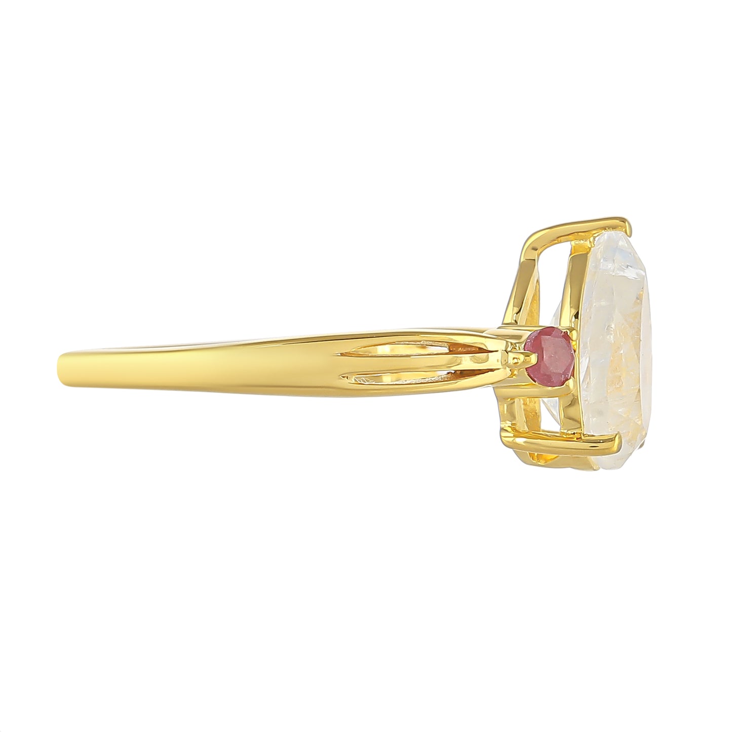 Anel de Prata com Banho de Ouro com Pedra da Lua Arco-íris e Rubi da Tailândia