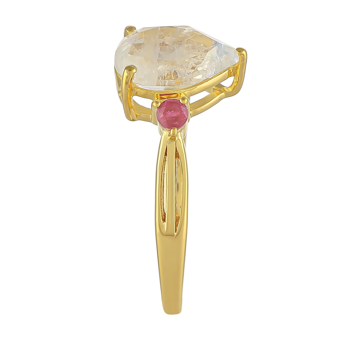 Anel de Prata com Banho de Ouro com Pedra da Lua Arco-íris e Rubi da Tailândia