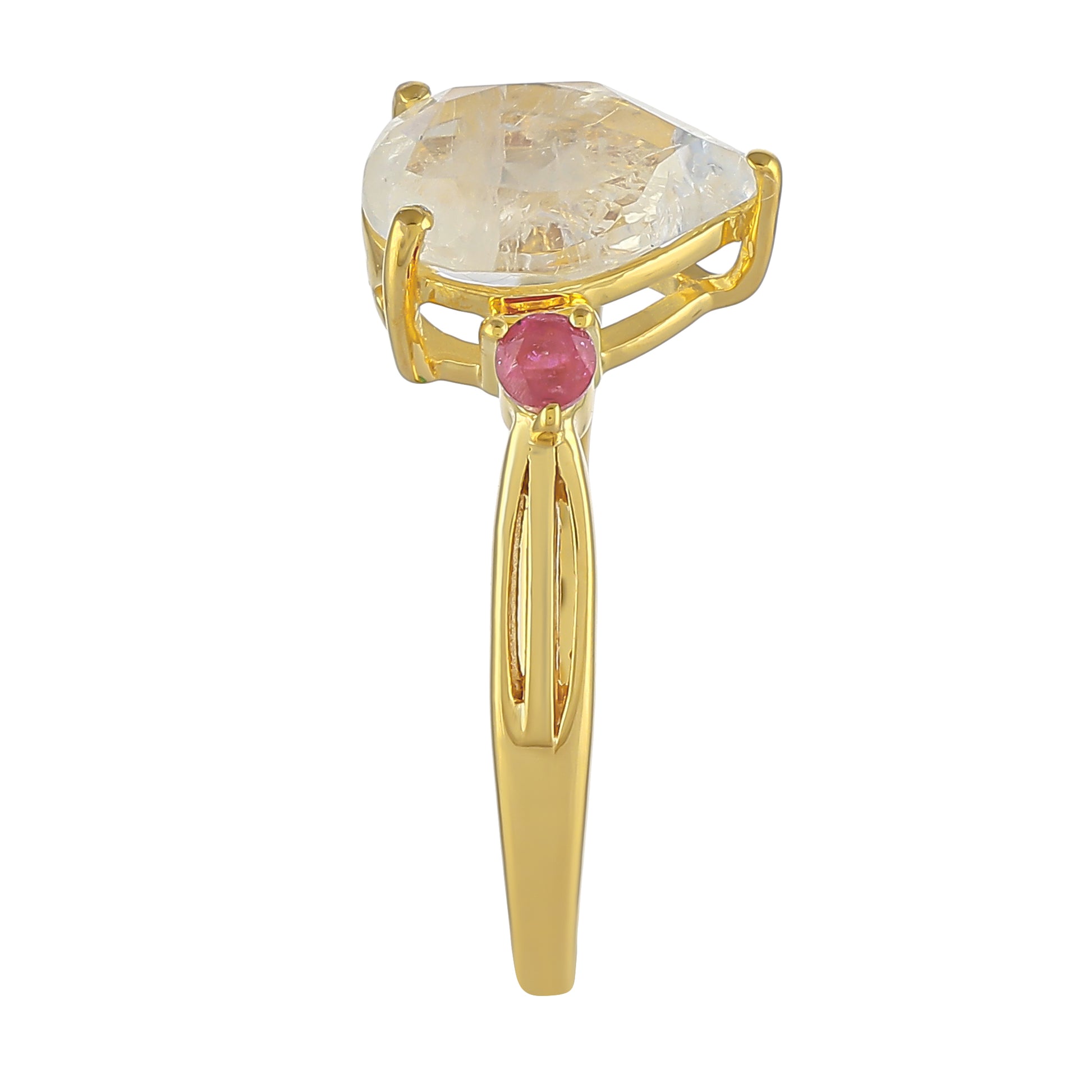 Anel de Prata com Banho de Ouro com Pedra da Lua Arco-íris e Rubi da Tailândia 3 