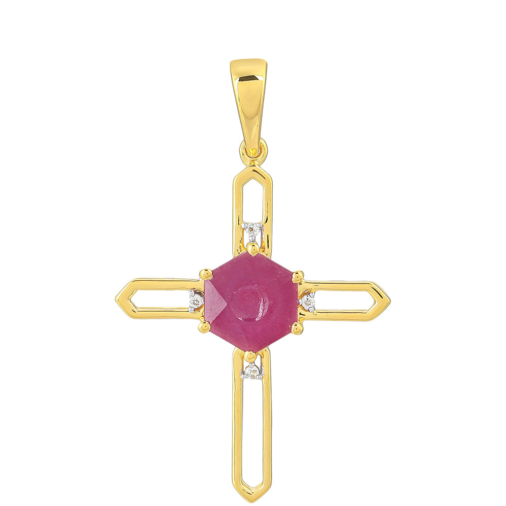 Cruz Pendente de Prata com Banho de Ouro com Rubi da Tailândia e Topázio Branco