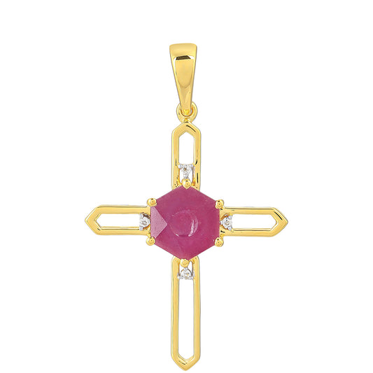 Cruz Pendente de Prata com Banho de Ouro com Rubi da Tailândia e Topázio Branco