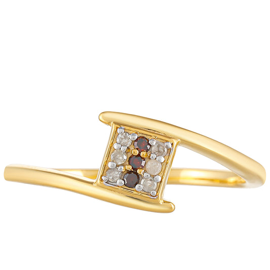 Anel de Prata com Banho de Ouro com Diamante Vermelho e Diamante Branco