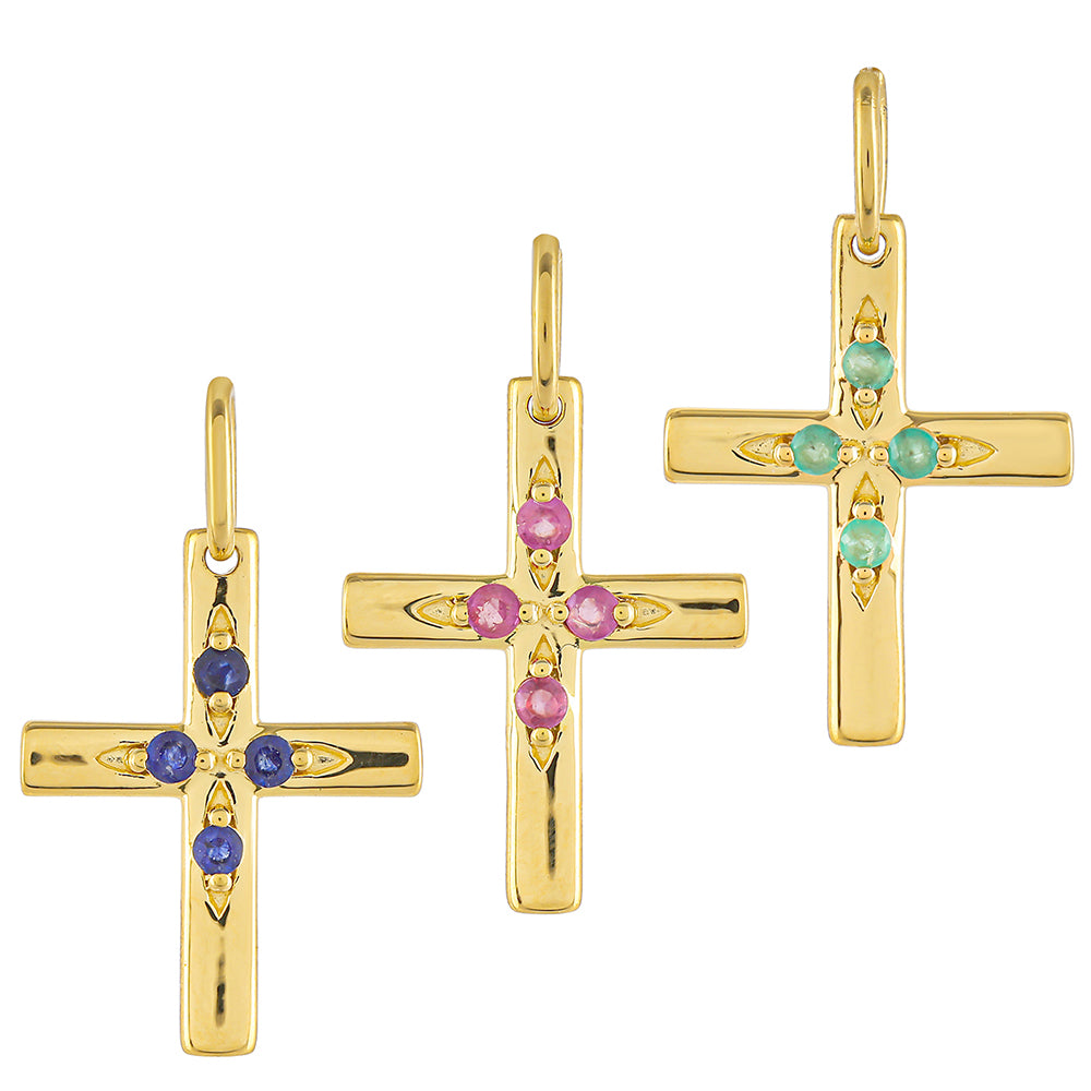 Cruz Conjunto de Prata com Banho de Ouro com Rubi da Tailândia e Esmeralda do Brasil ( Pendente )  Contraste: Cabeca de Veado (800) 1 