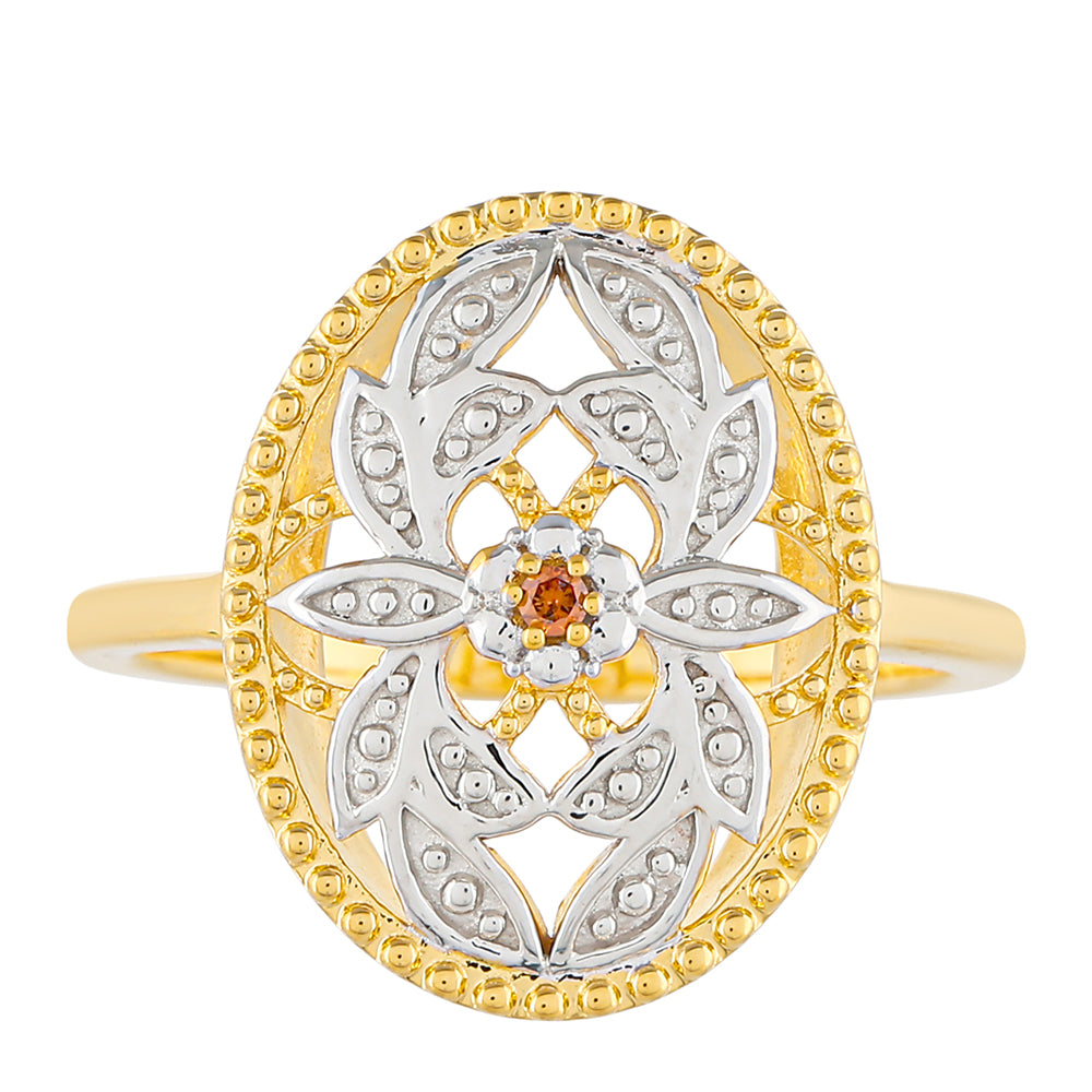 Anel de Prata com Banho de Ouro com Diamante Vermelho  Contraste: Cabeca de Veado (800)