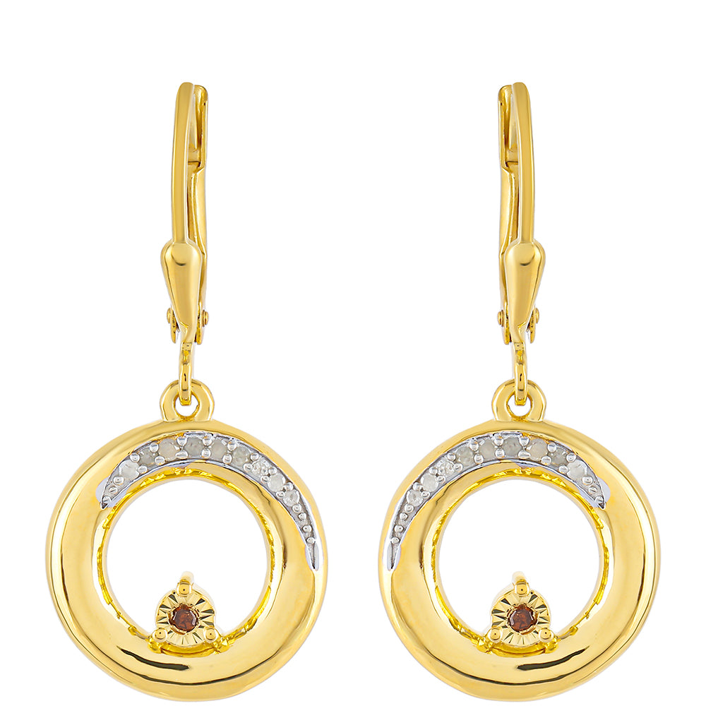 Brincos de Prata com Banho de Ouro com Diamante Vermelho e Diamante Branco