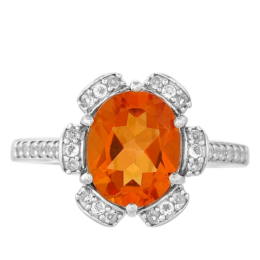 Anel de Prata com Quartzo Padparadscha e Topázio Branco  Contraste: Cabeca de Veado (800)