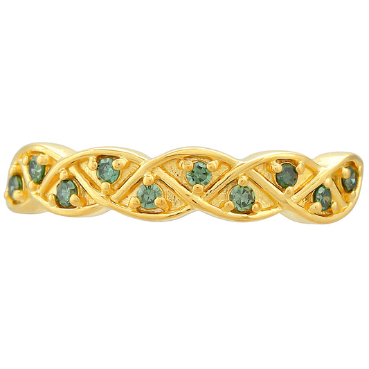 Anel de Prata com Banho de Ouro com Diamante Verde