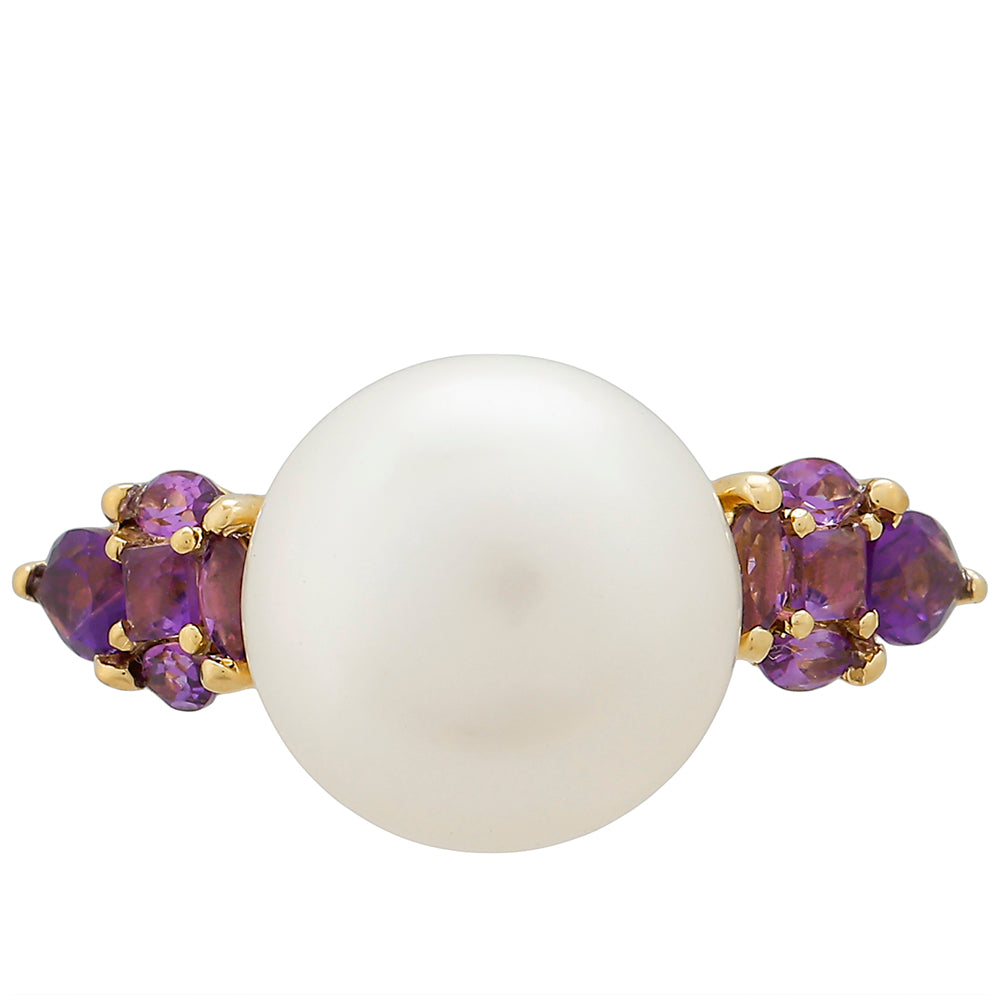 Anel de Ouro com Ametista e Pérola de Água Doce Branca  Contraste: Cruz missionária 1 