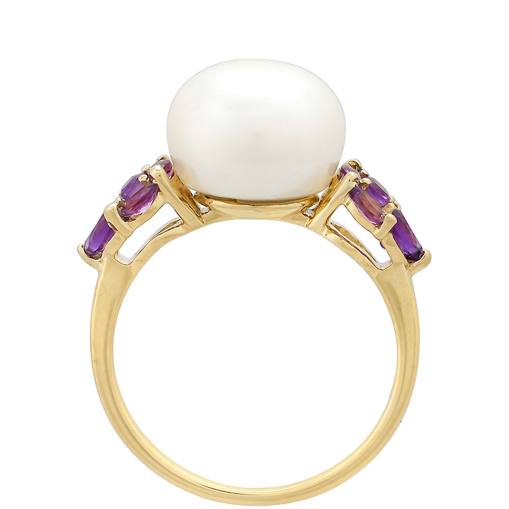 Anel de Ouro com Ametista e Pérola de Água Doce Branca  Contraste: Cruz missionária 4 