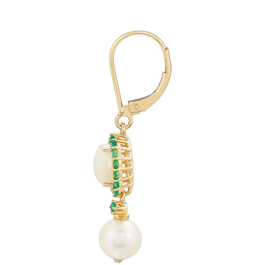 Brincos de Ouro com Esmeralda do Brasil e Pérola de Água Doce Branca  Contraste: Cruz missionária
