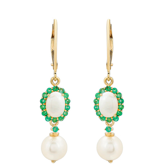 Brincos de Ouro com Esmeralda do Brasil e Pérola de Água Doce Branca  Contraste: Cruz missionária