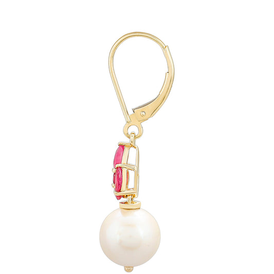 Brincos de Ouro com Rubi da Tailândia e Pérola de Água Doce Branca  Contraste: Cruz missionária