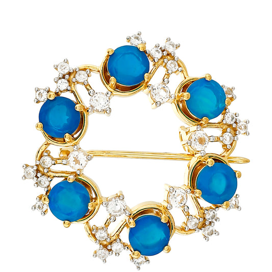 Alfinete de Prata com Banho de Ouro com Opala Azul Paraib da Etiópia e Topázio Branco  Contraste: Cabeca de Veado (800)