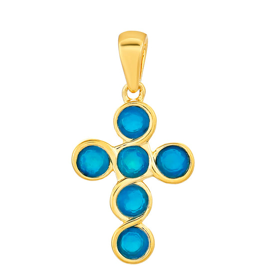 Cruz Pendente de Prata com Banho de Ouro com Opala Azul Paraib da Etiópia