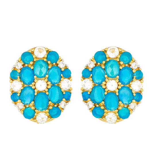 Brincos de Prata com Banho de Ouro com Opala Azul Paraib da Etiópia e Topázio Branco